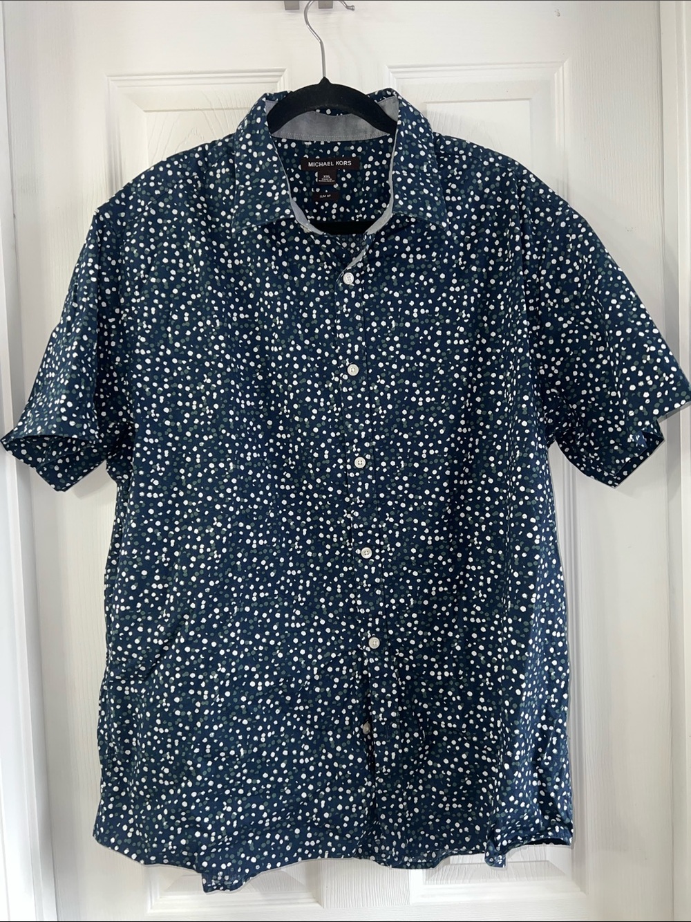 Michael Kors Cotton Navy Blue Short Sleeve Button-Up with White Dot Print